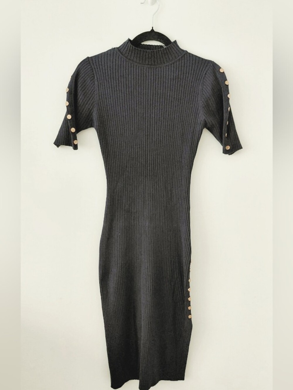 Navy Blue Ribbed Midi Dress with Side Button Detail
